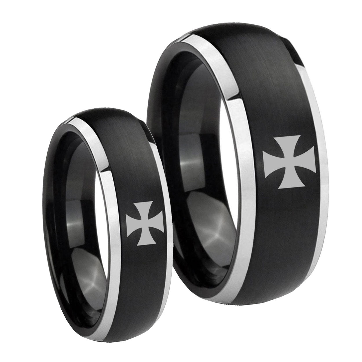 Maltese Cross Dome Brushed Black 2 Tone Tungsten Wedding Set Ring