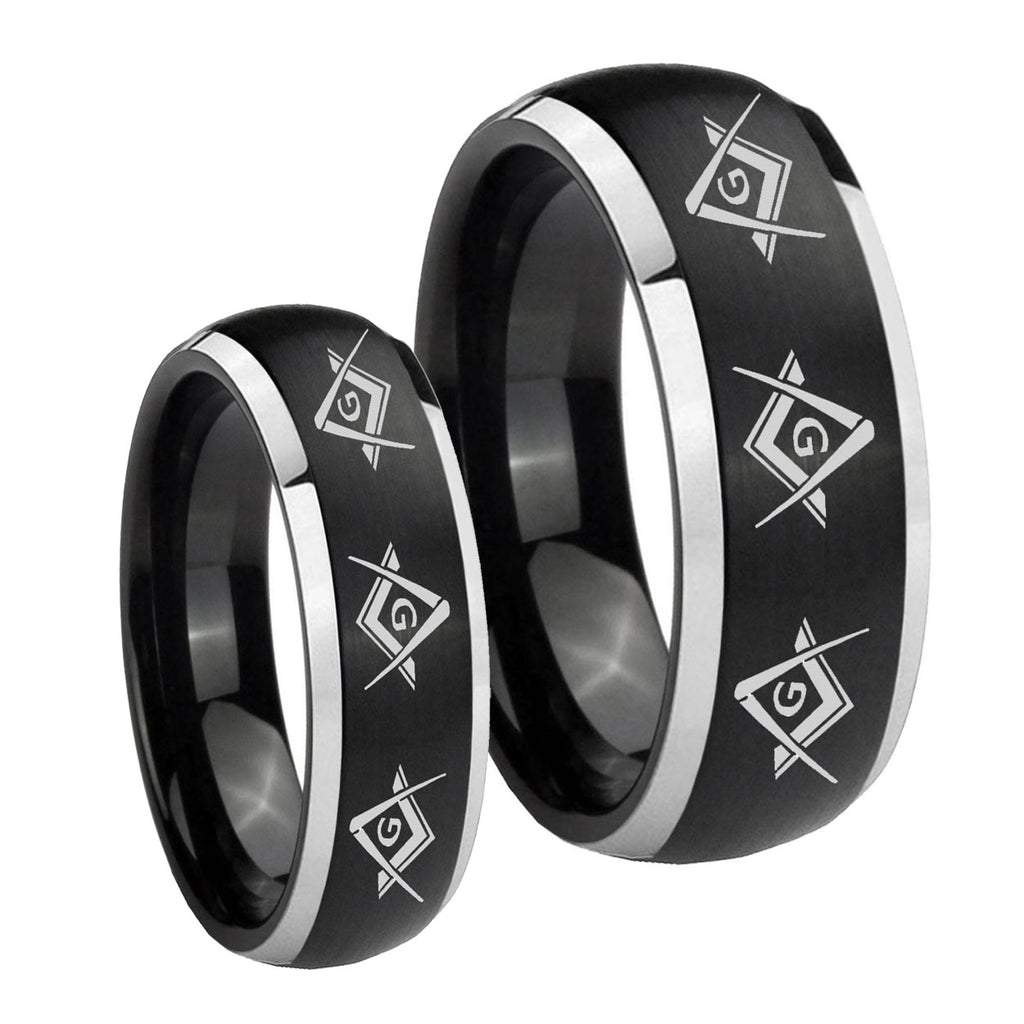 Master Mason Masonic Dome Brushed Black 2 Tone Tungsten Couples Ring Set