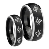 His Hers Master Mason Masonic  Dome Brushed Black 2 Tone Tungsten Mens Ring Set