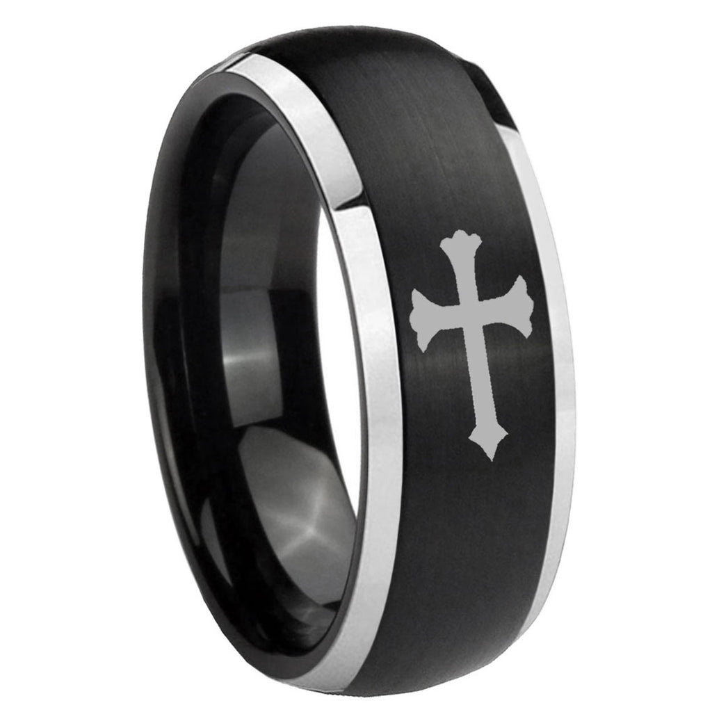 8mm Christian Cross Dome Brushed Black 2 Tone Tungsten Bands