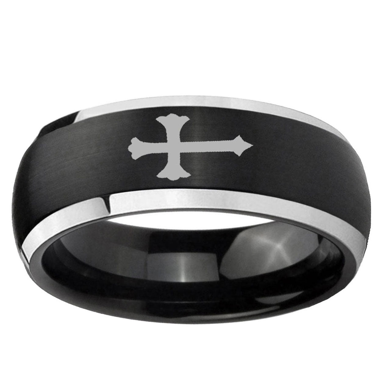 5mm Christian Cross Dome Brushed Black 2 Tone Tungsten Bands