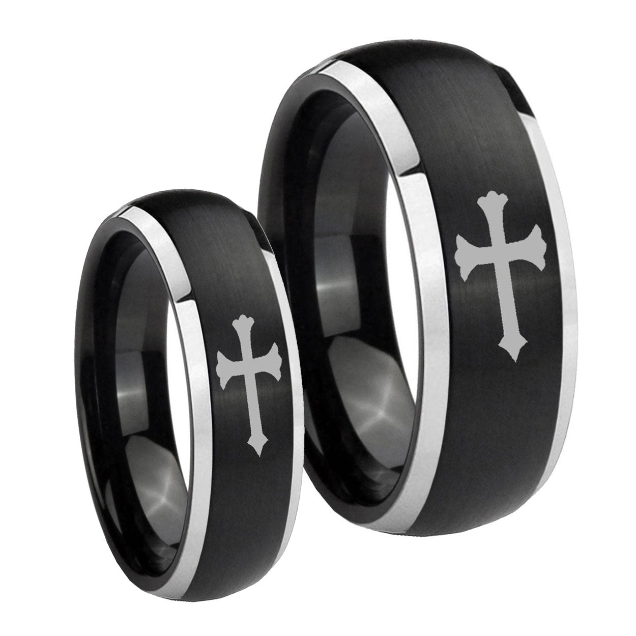 Christian Cross Dome Brushed Black 2 Tone Tungsten Mens Set Ring