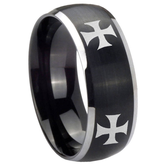 8mm-4-Maltese-Cross-Dome-Brushed-Black-2-Tone-Tungsten-Personalized-Ring
