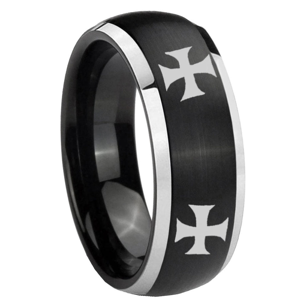 8mm 4 Maltese Cross Dome Brushed Black 2 Tone Tungsten Ring