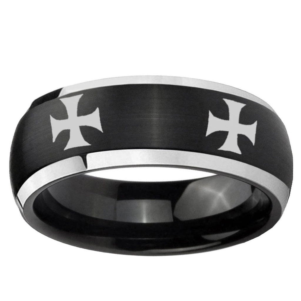 5mm 4 Maltese Cross Dome Brushed Black 2 Tone Tungsten Ring