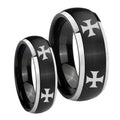 4 Maltese Cross Dome Brushed Black 2 Tone Tungsten Wedding Ring Set