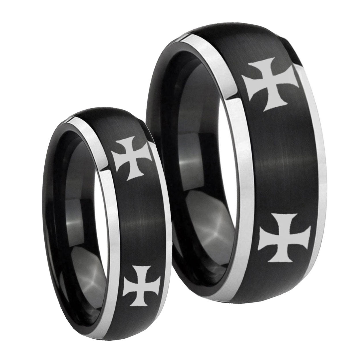 4 Maltese Cross Dome Brushed Black 2 Tone Tungsten Wedding Ring Set