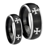 His Hers 4 Maltese Cross Dome Brushed Black 2 Tone Tungsten Rings Set