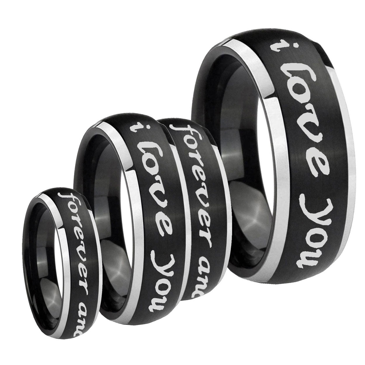 I Love You Forever and ever Dome Brushed Black 2 Tone Tungsten Bridal Set Ring