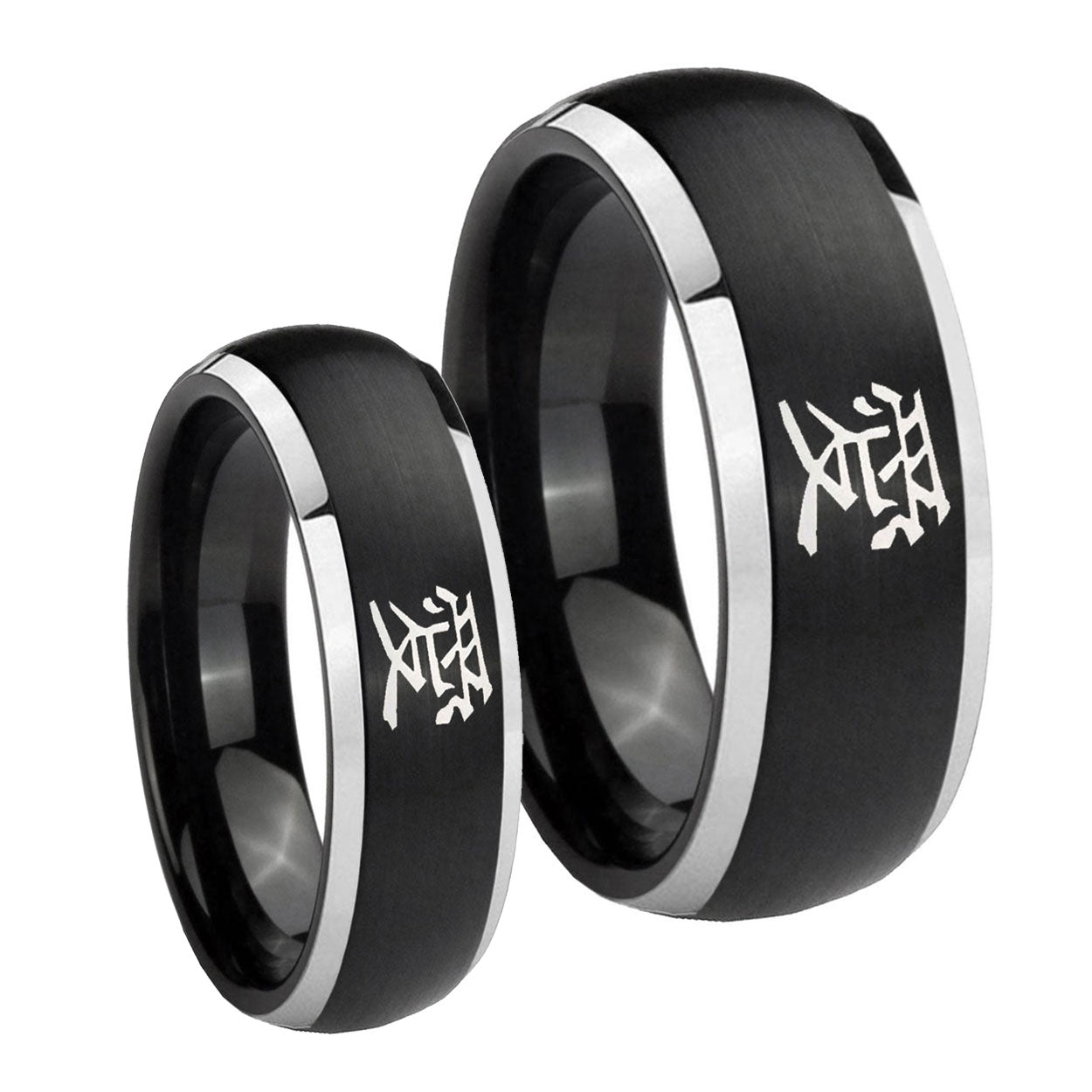 Kanji Love Dome Brushed Black 2 Tone Tungsten Mens Set Ring