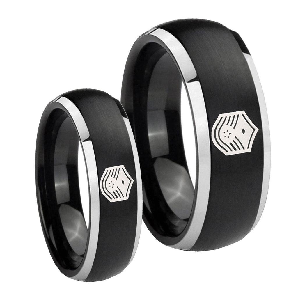 Chief Master Sergeant Vector Dome Brushed Black 2 Tone Tungsten Wedding Set Ring