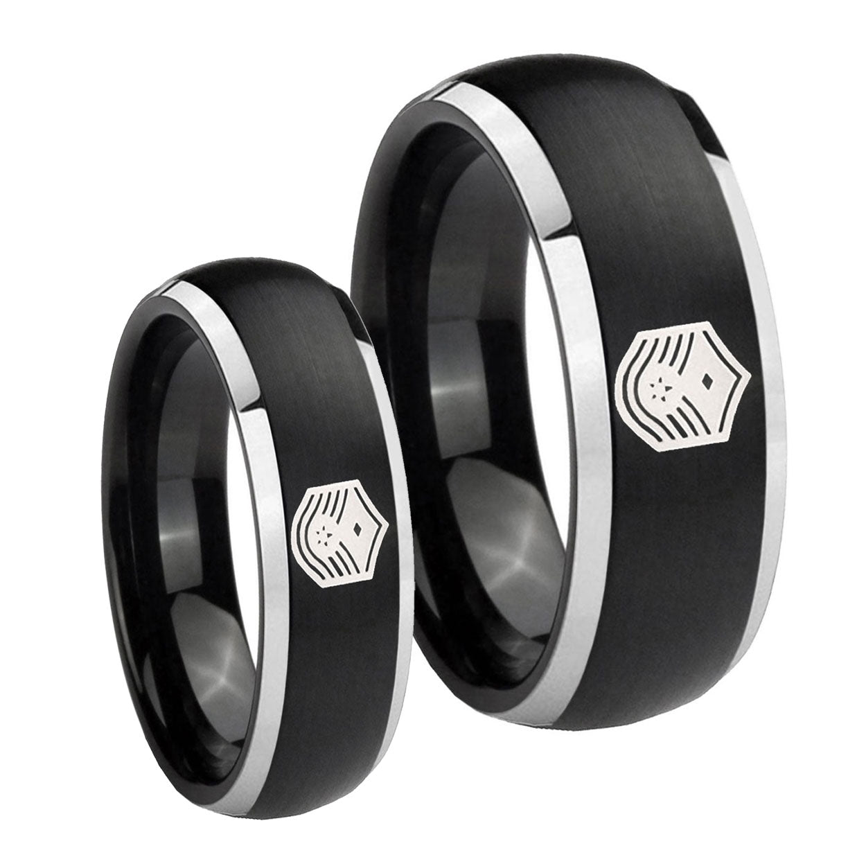 Chief Master Sergeant Vector Dome Brushed Black 2 Tone Tungsten Wedding Set Ring
