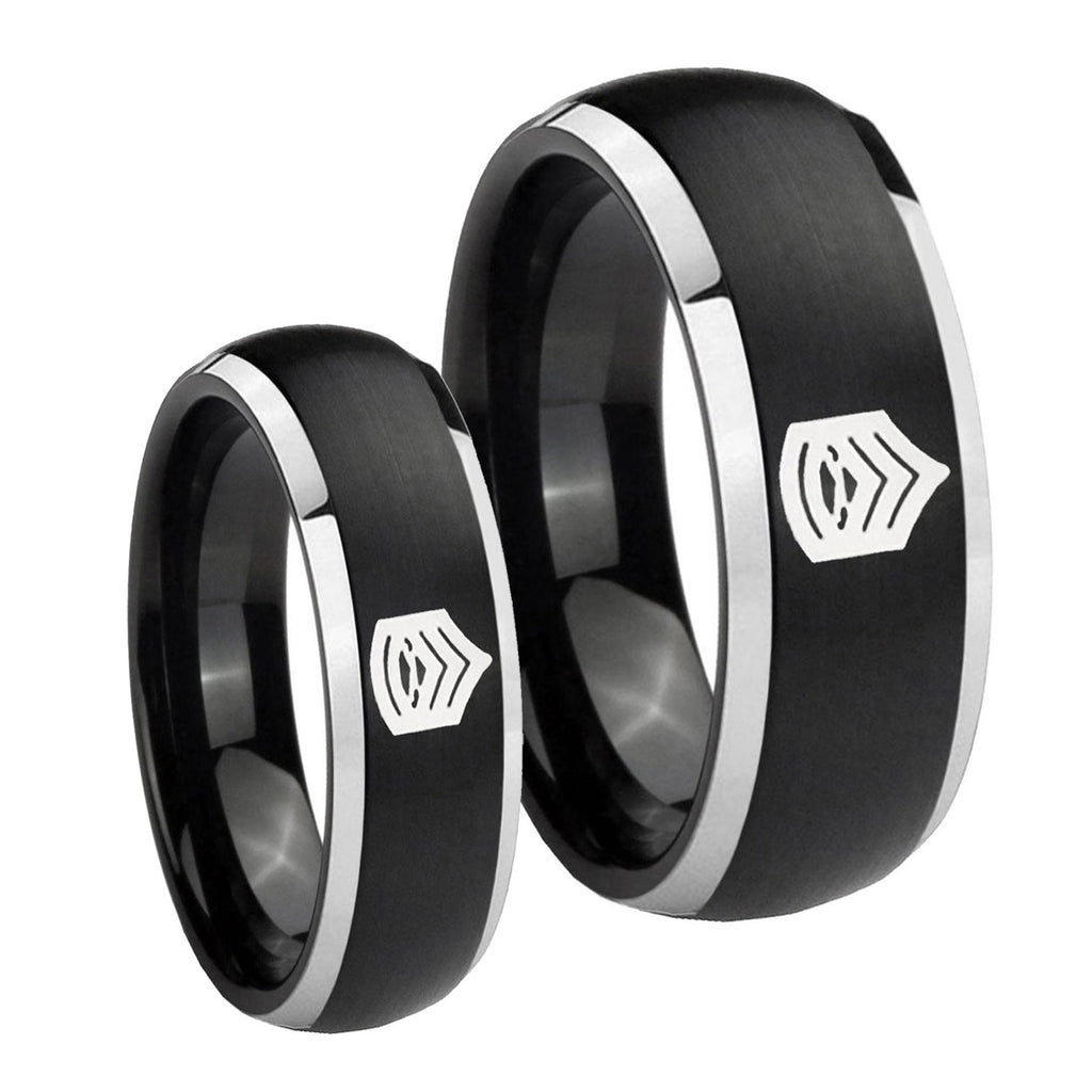 Army Sergeant Major Dome Brushed Black 2 Tone Tungsten Promise Ring Set