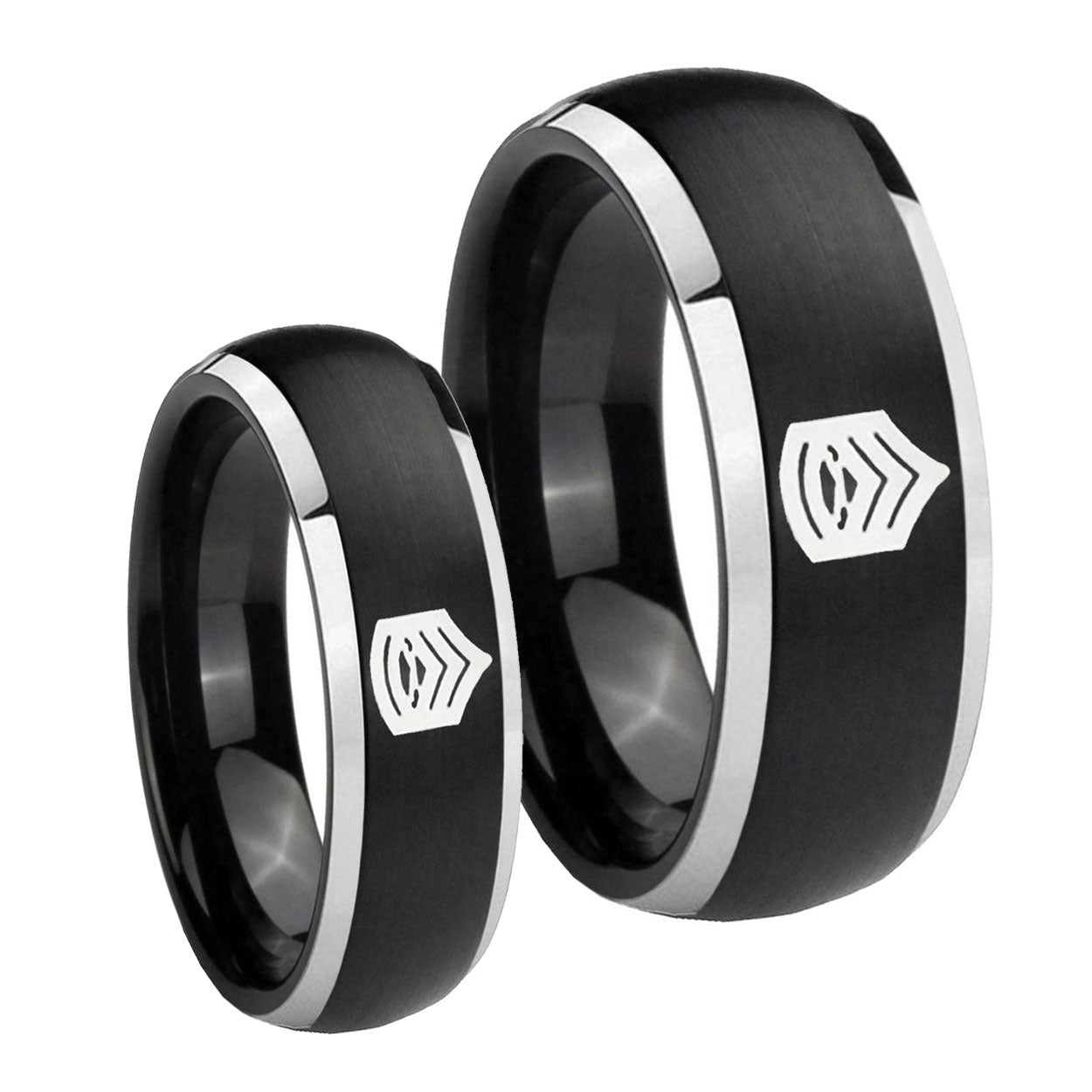 Army Sergeant Major Dome Brushed Black 2 Tone Tungsten Promise Ring Set