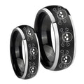 Multiple Skull Dome Brushed Black 2 Tone Tungsten Couple Wedding Bands