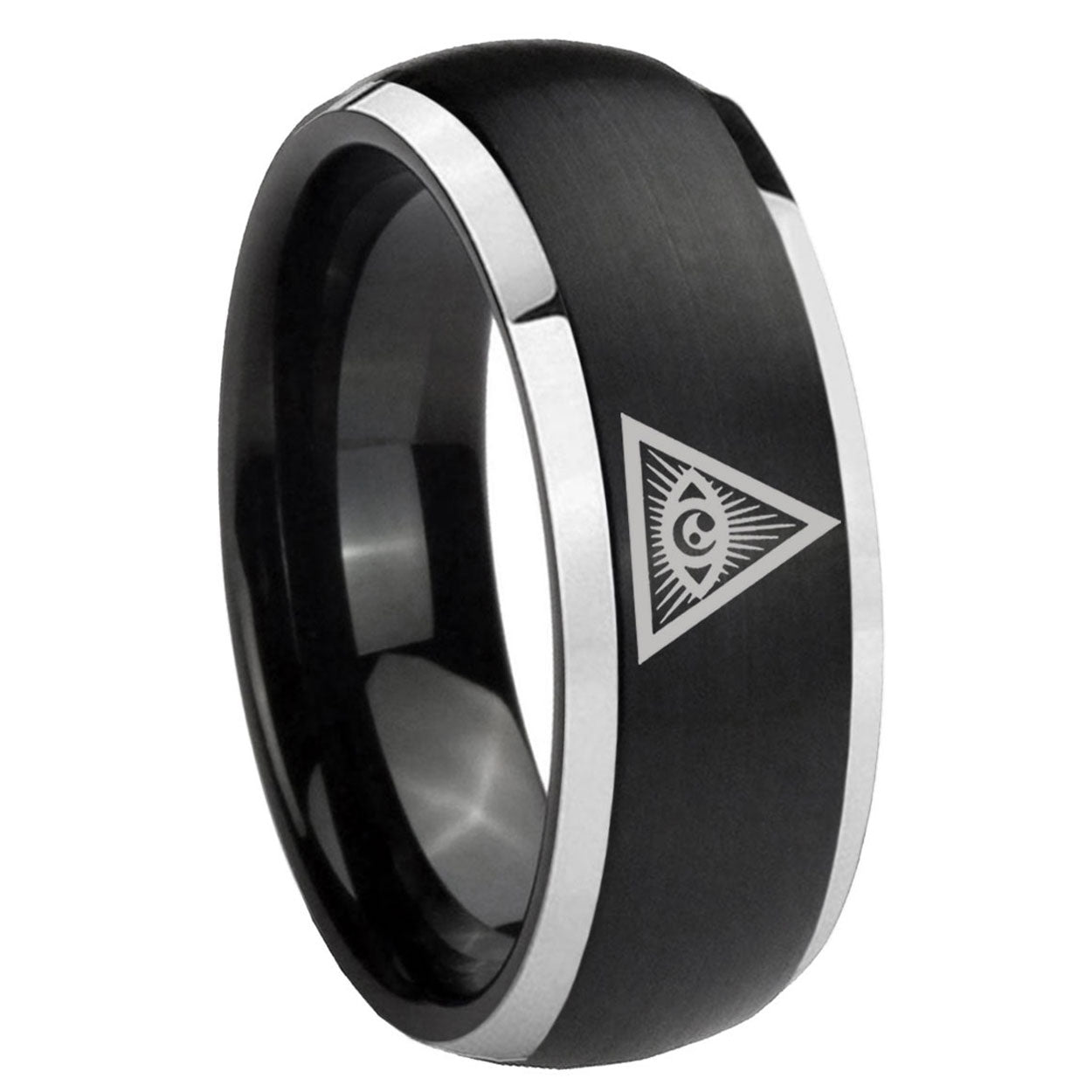 8mm Seeing Eye of God Dome Brush Black Engraved Men Bands