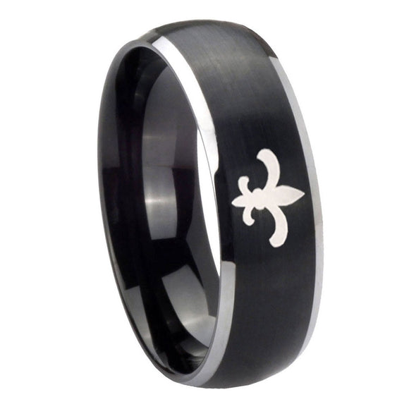 8mm-Fleur-De-Lis-Dome-Brushed-Black-2-Tone-Tungsten-Carbide-Men's-Ring
