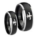 Fleur De Lis Dome Brushed Black 2 Tone Tungsten Couple Rings