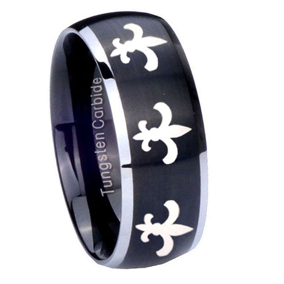 8mm-Multiple-Fleur-De-Lis-Dome-Brushed-Black-2-Tone-Tungsten-Mens-Wedding-Ring
