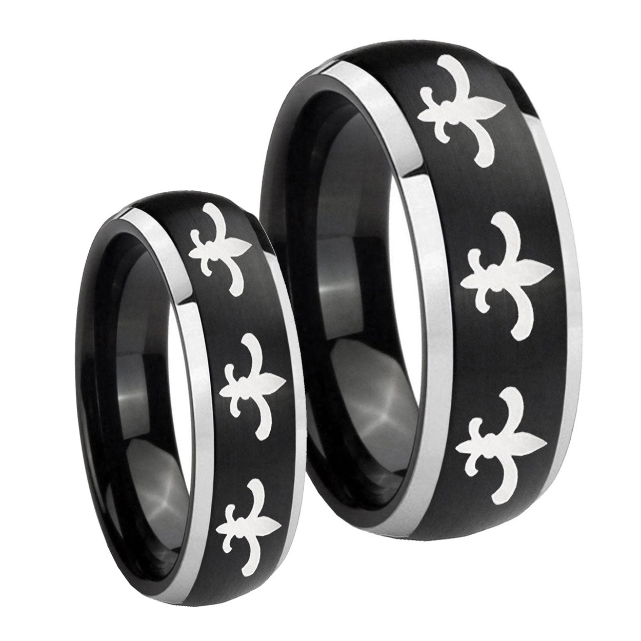 Multiple Fleur De Lis Dome Brushed Black 2 Tone Tungsten Couple Band Set