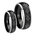 Multiple Crosses Dome Brushed Black 2 Tone Tungsten Wedding Set Rings