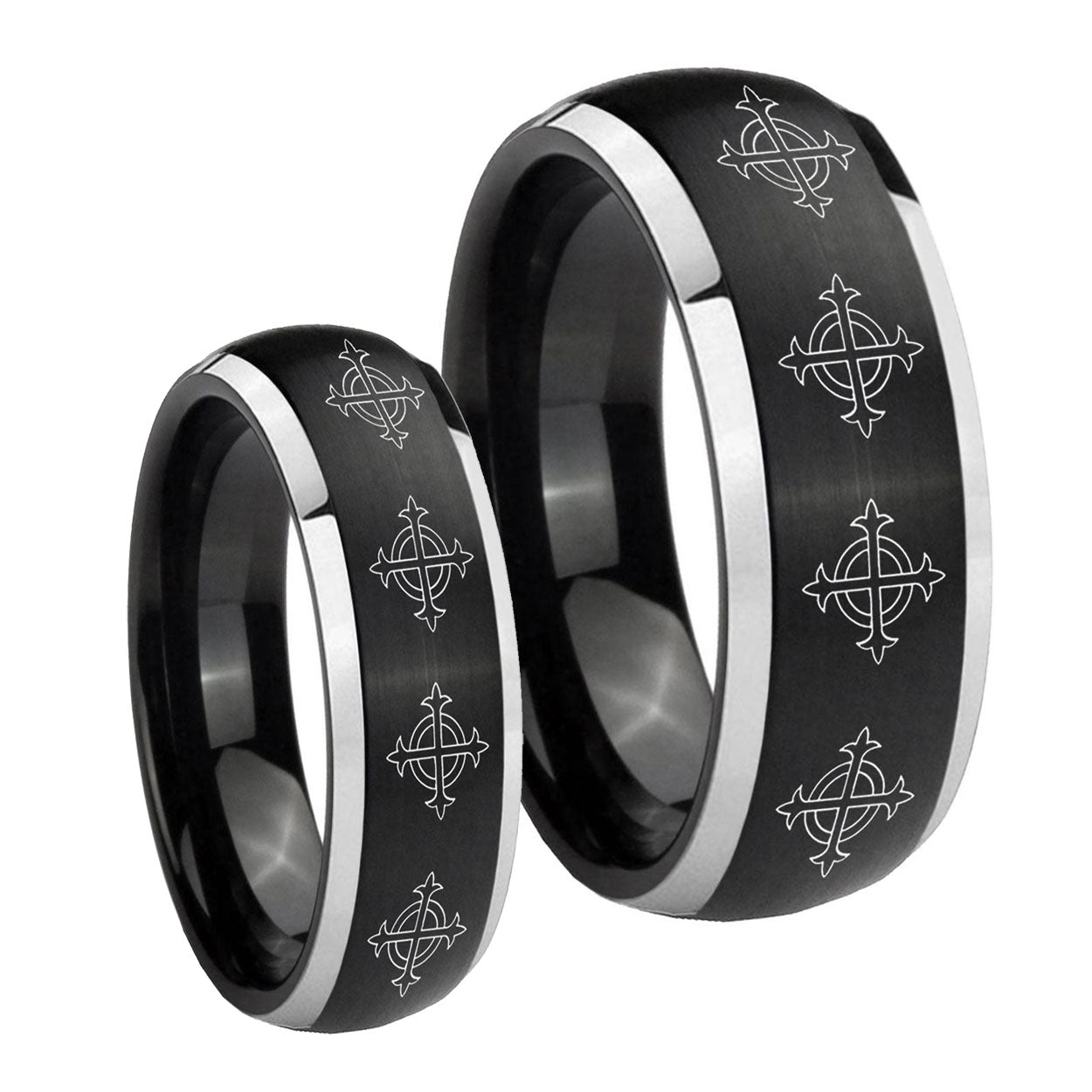 Multiple Crosses Dome Brushed Black 2 Tone Tungsten Wedding Set Rings