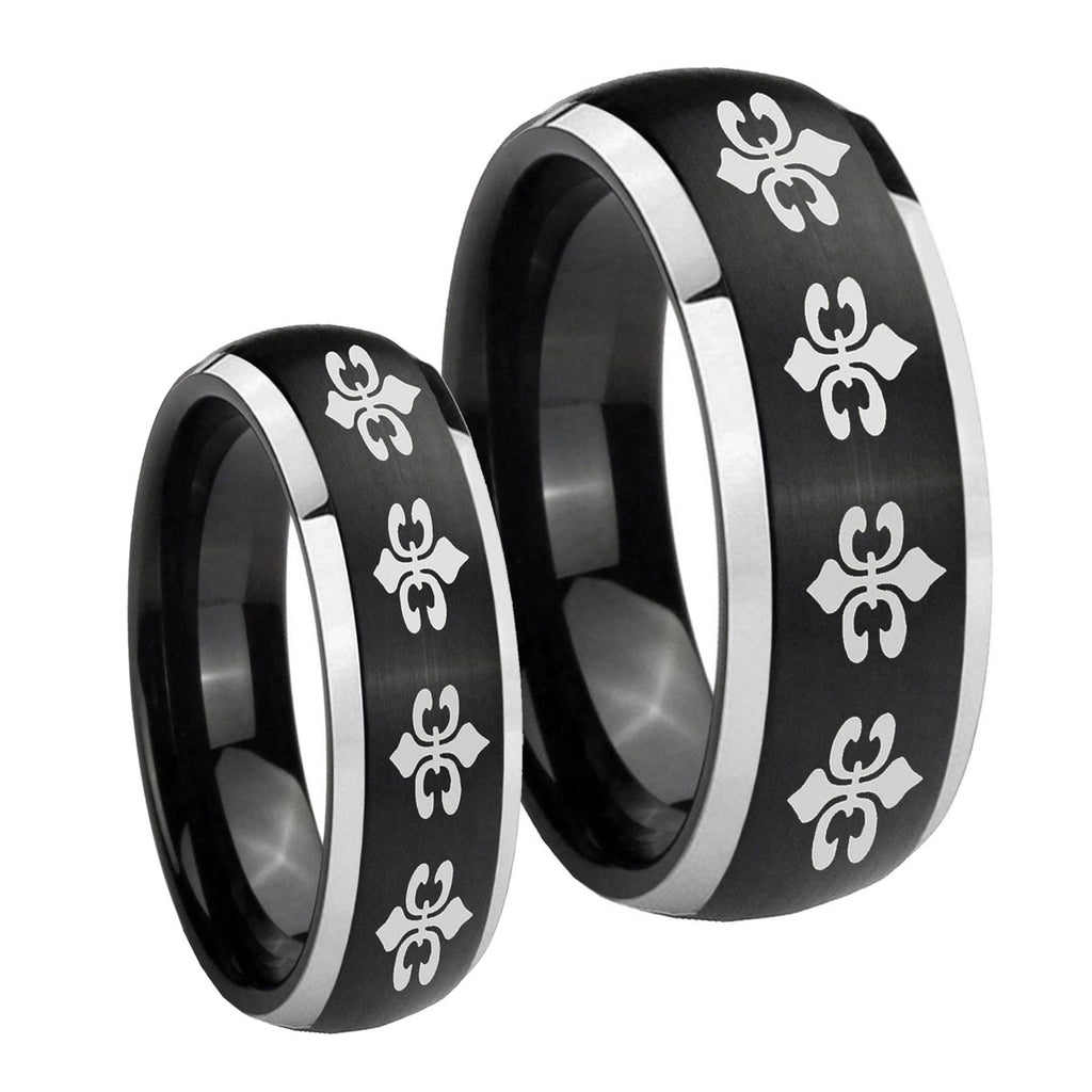 Multiple Fleur De Lis Dome Brushed Black 2 Tone Tungsten Mens Set Ring