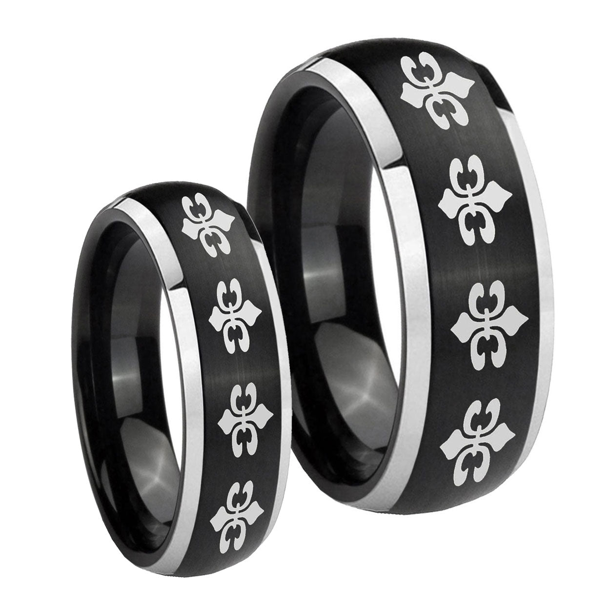 Multiple Fleur De Lis Dome Brushed Black 2 Tone Tungsten Mens Set Ring