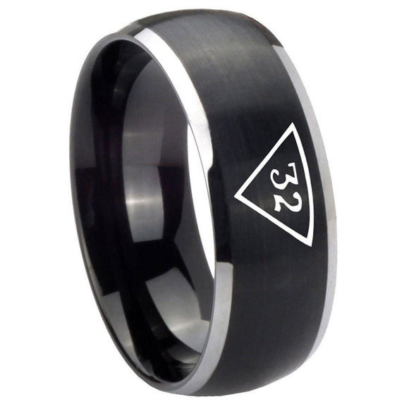 8mm-Masonic-32-Triangle-Freemason-Dome-Brushed-Black-2-Tone-Tungsten-Carbide-Mens-Ring-Personalized