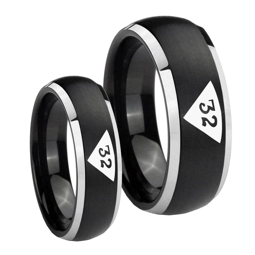 Masonic 32 Triangle Design Freemason Dome Brushed Black 2 Tone Tungsten Bridal Set Rings