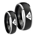 Masonic 32 Triangle Design Freemason Dome Brushed Black 2 Tone Tungsten Bridal Set Rings