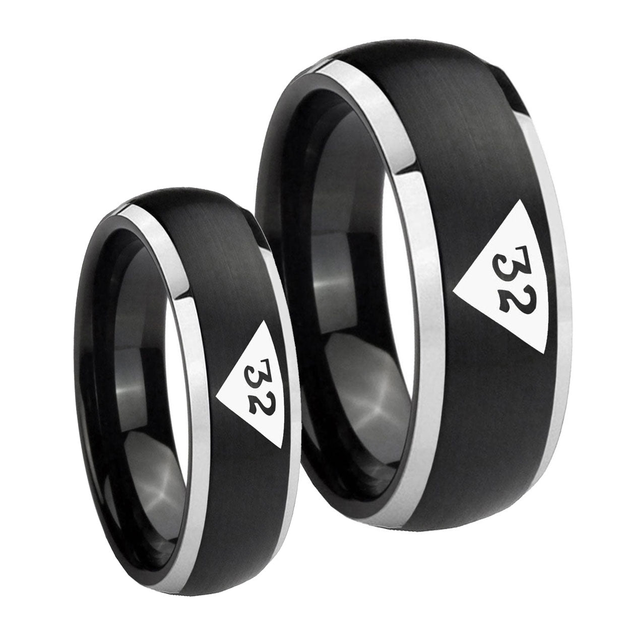 Masonic 32 Triangle Design Freemason Dome Brushed Black 2 Tone Tungsten Bridal Set Rings