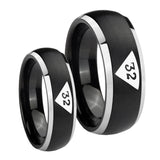 His Hers Masonic 32 Triangle Design Freemason Dome Brushed Black 2 Tone Tungsten Mens Wedding Ring Set