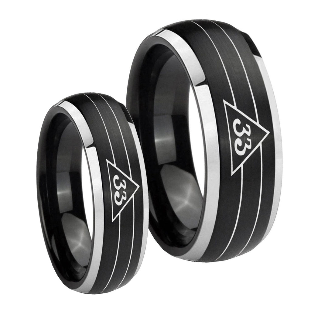 Masonic 32 Duo Line Freemason Dome Brushed Black 2 Tone Tungsten Engagement Ring Set