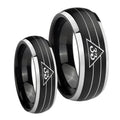 Masonic 32 Duo Line Freemason Dome Brushed Black 2 Tone Tungsten Engagement Ring Set