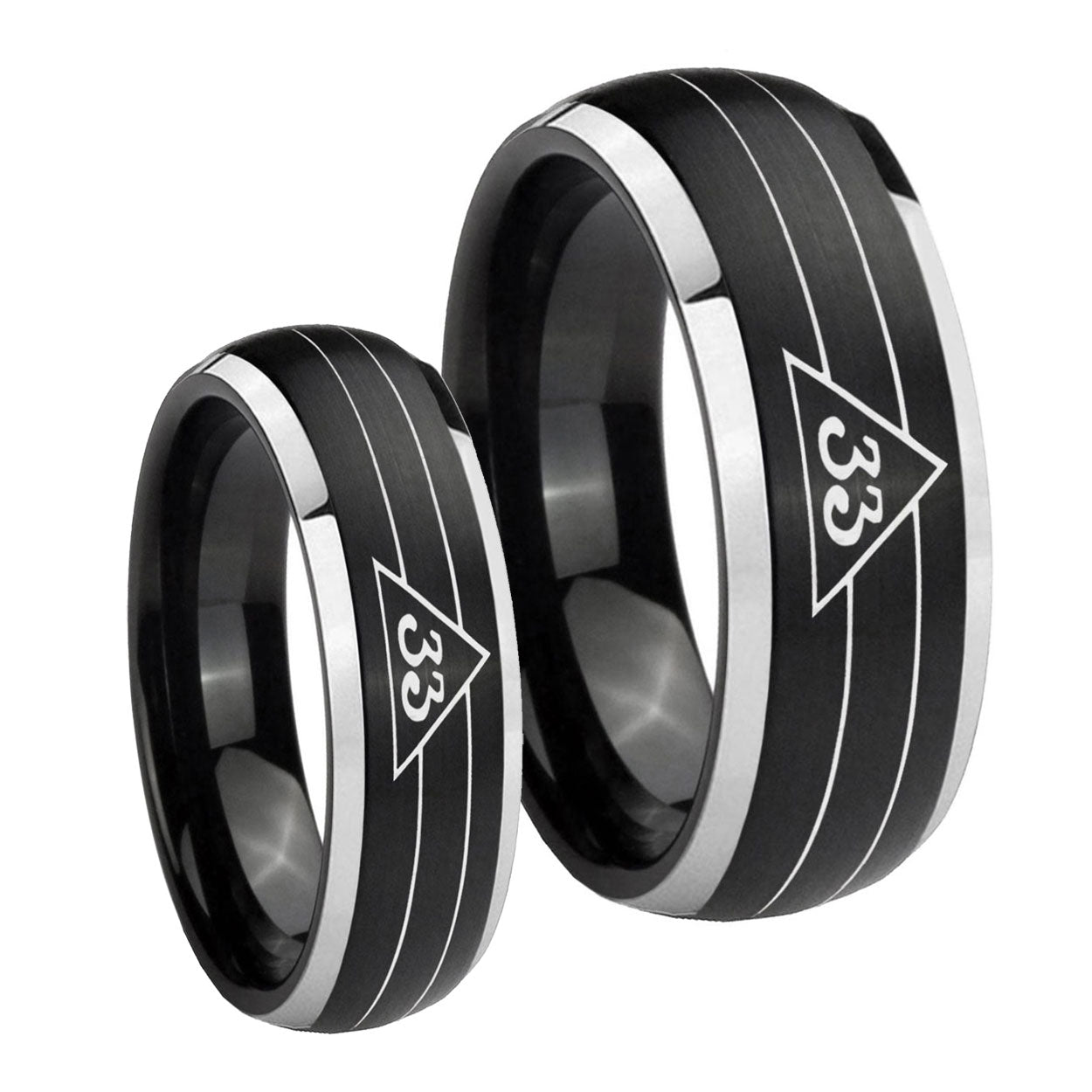 Masonic 32 Duo Line Freemason Dome Brushed Black 2 Tone Tungsten Engagement Ring Set