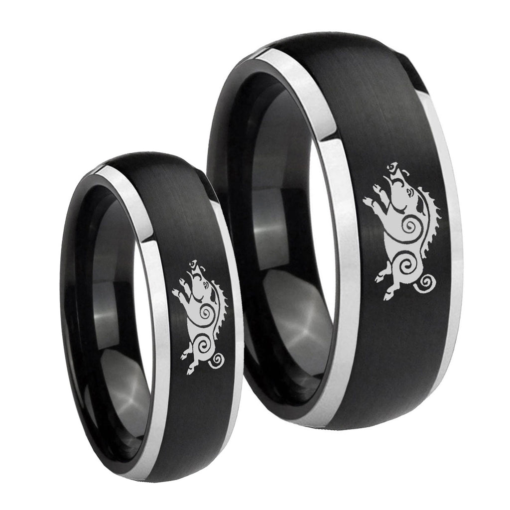 Wild Boar Dome Brushed Black 2 Tone Tungsten Bridal Set Ring