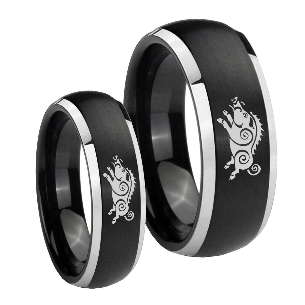Wild Boar Dome Brushed Black 2 Tone Tungsten Bridal Set Ring