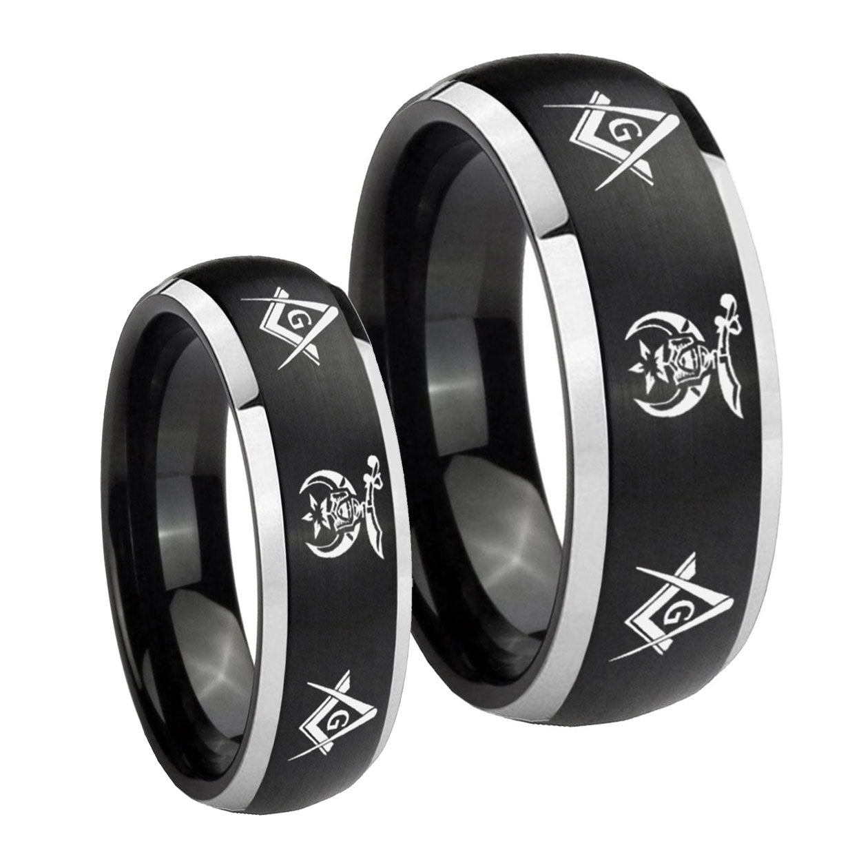Masonic Shriners Dome Brushed Black 2 Tone Tungsten Couple Rings