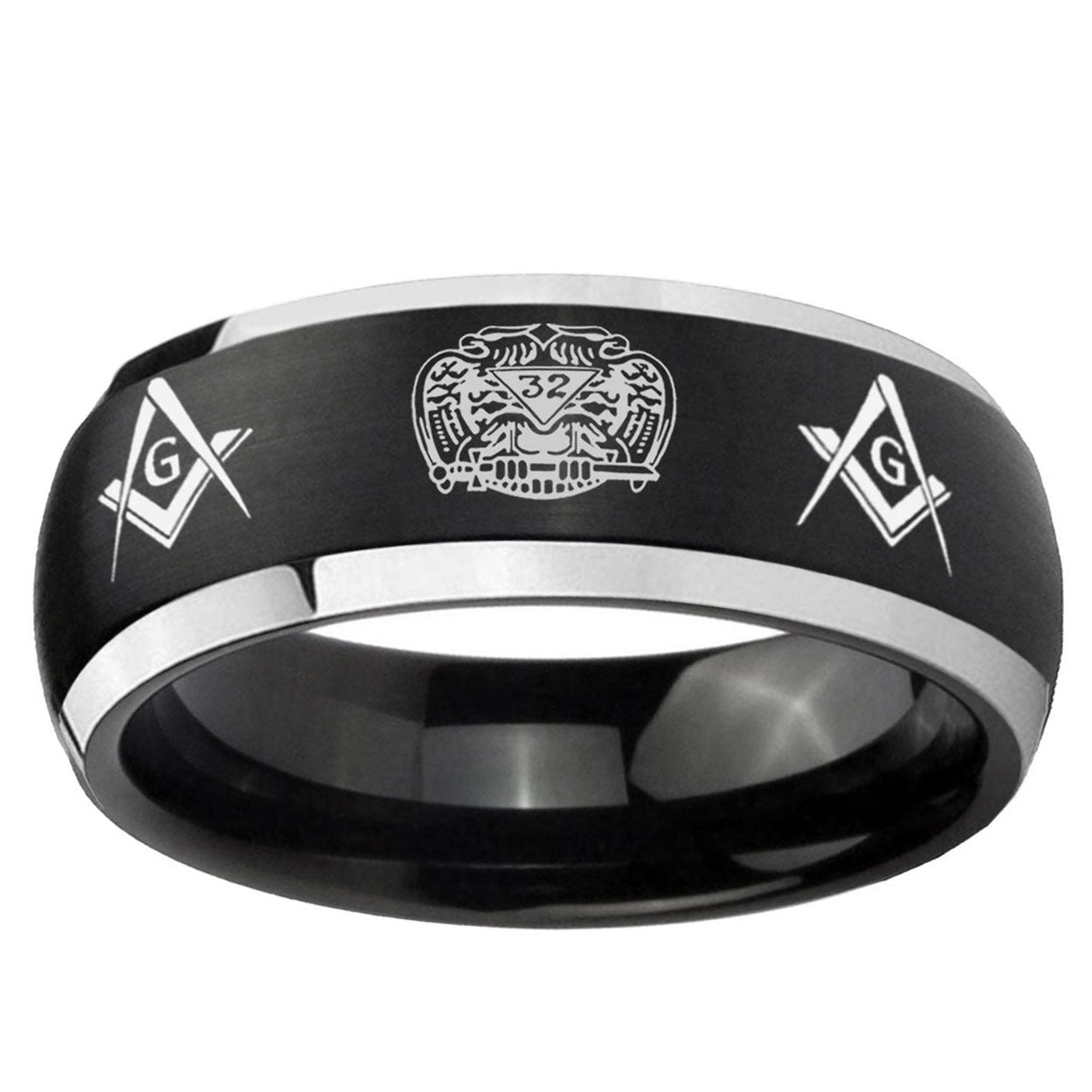 5mm Masonic 32 Design Dome Brushed Black 2 Tone Tungsten Ring