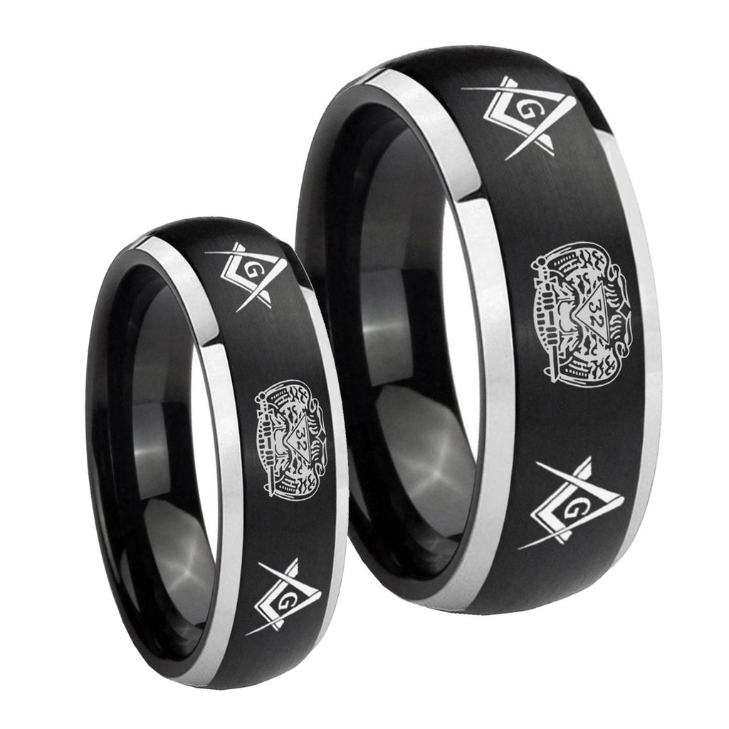 Masonic 32 Design Dome Brushed Black 2 Tone Tungsten Mens Ring Set
