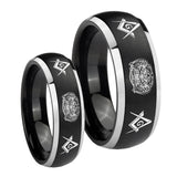 His Hers Masonic 32 Design Dome Brushed Black 2 Tone Tungsten Wedding Band Ring Set