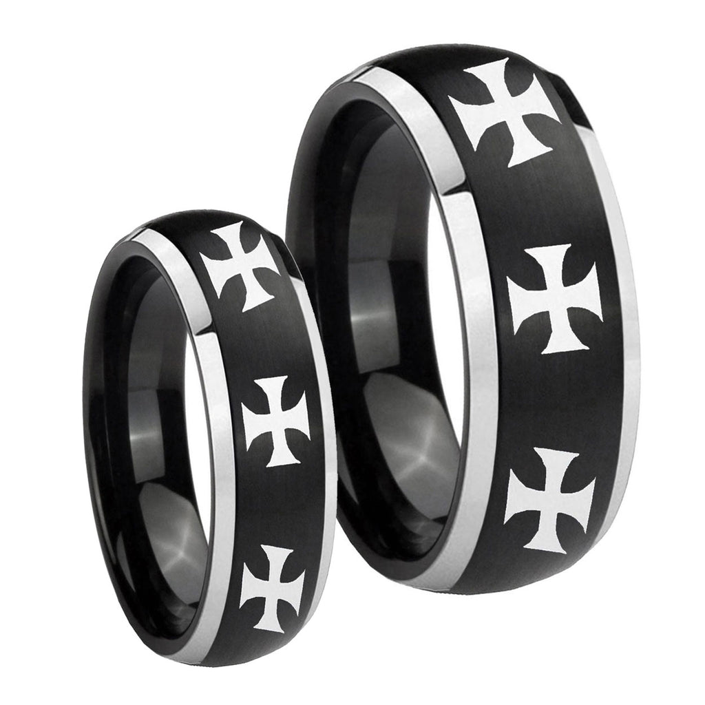 Multiple Maltese Cross Dome Brushed Black 2 Tone Tungsten Wedding Ring Set