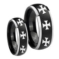 Multiple Maltese Cross Dome Brushed Black 2 Tone Tungsten Wedding Ring Set