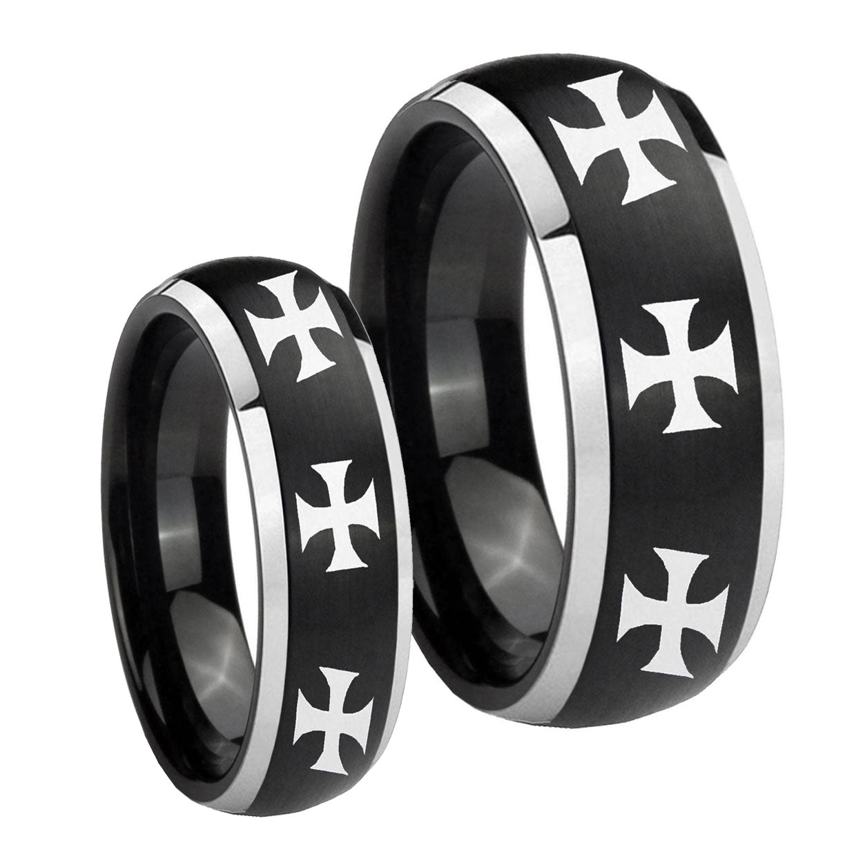 Multiple Maltese Cross Dome Brushed Black 2 Tone Tungsten Wedding Ring Set
