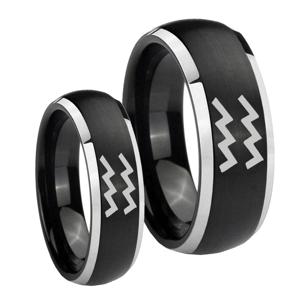 Aquarius Horoscope Dome Brushed Black 2 Tone Tungsten Mens Set Rings