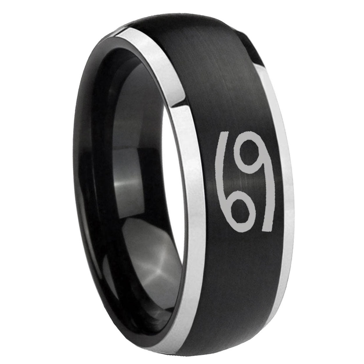 8mm Cancer Horoscope Dome Brushed Black 2 Tone Tungsten Ring