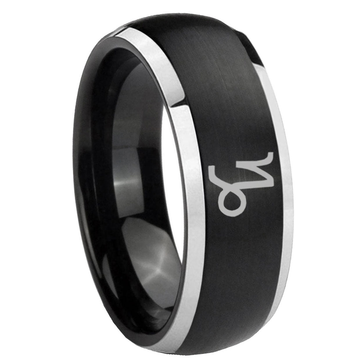 8mm Capricorn Zodiac Dome Brushed Black 2 Tone Tungsten Ring