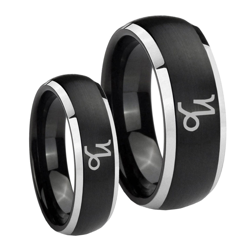 Capricorn Zodiac Dome Brushed Black 2 Tone Tungsten Mens Set Ring