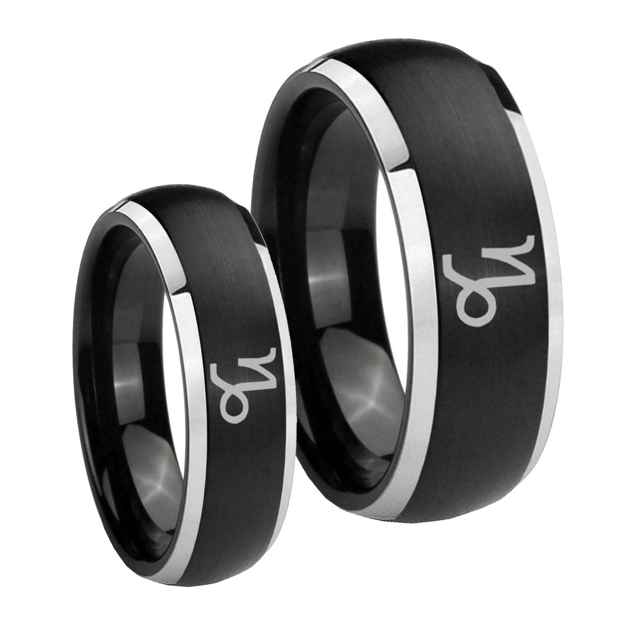 Capricorn Zodiac Dome Brushed Black 2 Tone Tungsten Mens Set Ring